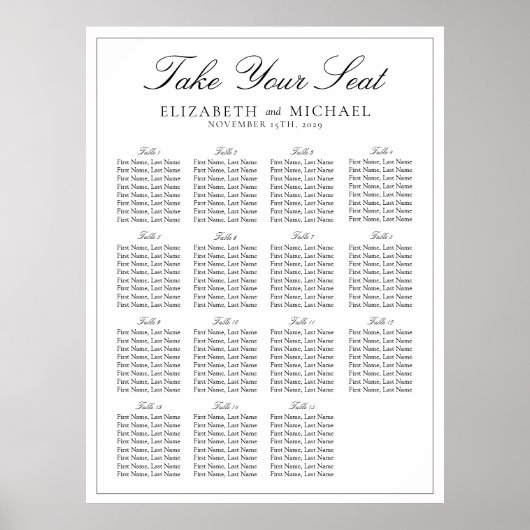 Elegante zwart-wit script bruiloft zitplaatsen poster (Voorkant)