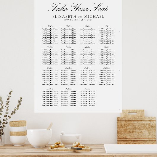 Elegante zwart-wit script bruiloft zitplaatsen poster (Keuken)