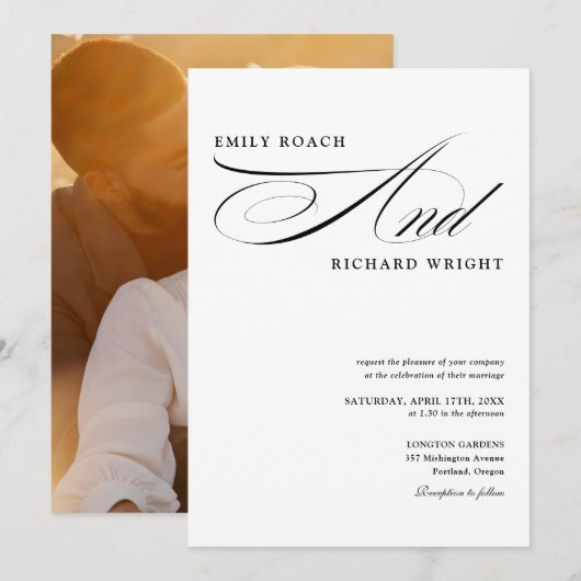 Elegante Zwart-Wit Script Foto Bruiloft Kaart (Voorkant / Achterkant)