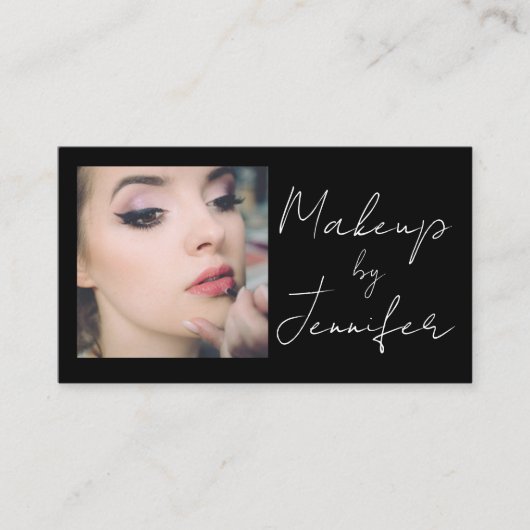 Elegante zwart wit script foto make-up visitekaartje (Voorkant)