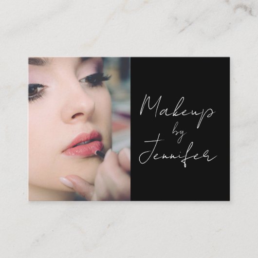 Elegante zwart wit script foto make-up visitekaartje (Voorkant)