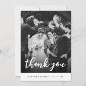 Elegante zwart-wit script foto trouwdag bedankkaart (Voorkant)