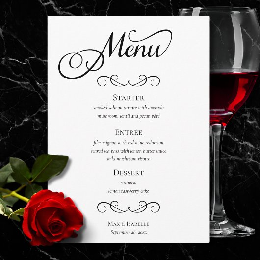 Elegante zwart-wit script kalligrafie bruiloft menu