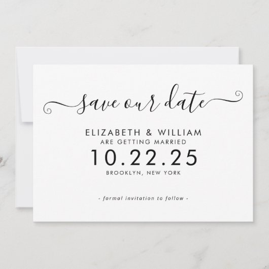 Elegante zwart-wit script kalligrafie bruiloft save the date (Voorkant)