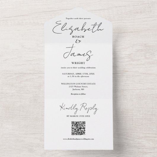 Elegante zwart-wit script QR code bruiloft All In One Uitnodiging (Binnen)