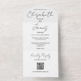 Elegante zwart-wit script QR code bruiloft All In One Uitnodiging