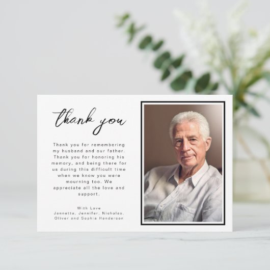 Elegante zwart-wit script rouwfoto bedankkaart (Staand voorkant)