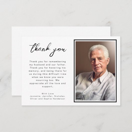 Elegante zwart-wit script rouwfoto bedankkaart (Voorkant / Achterkant)