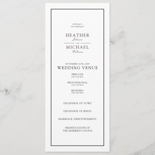 Elegante zwart-wit script typografie bruiloft programmakaart (Voorkant)