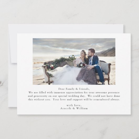 Elegante zwart-wit scriptuur trouwfoto bedankkaart (Achterkant)