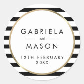 Elegante zwart-wit streep gouden bruiloft ronde sticker (Voorkant)