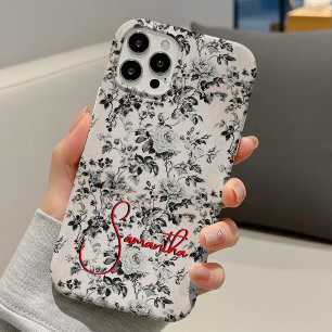 Elegante zwart-wit toile rode monogram iPhone 16 hoesje