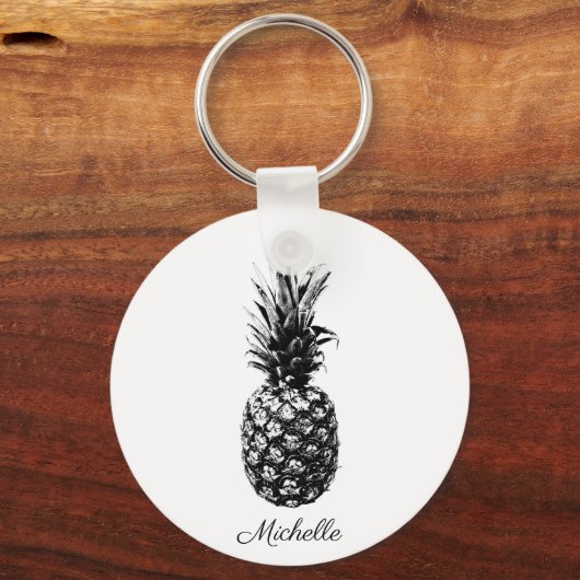 Elegante zwart-wit Tropische Ananas Custom Sleutelhanger (Voorkant)