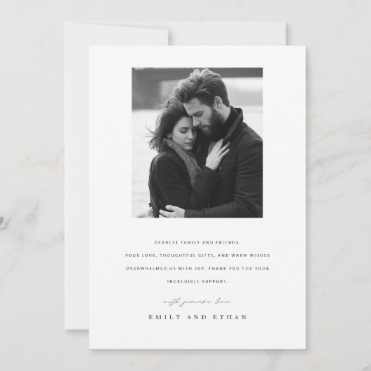 Elegante zwart-wit trouwfoto bedankkaart (Achterkant)