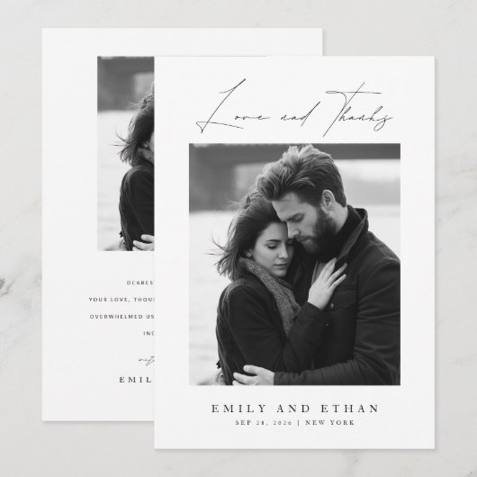 Elegante zwart-wit trouwfoto bedankkaart (Voorkant / Achterkant)