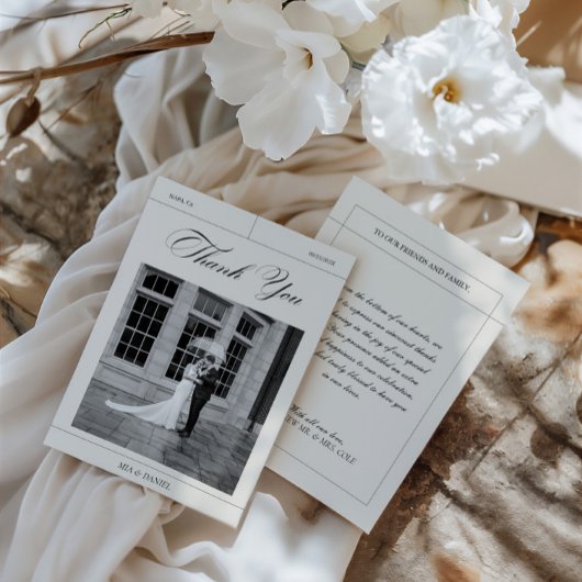 Elegante Zwart & Wit Trouwfoto Dank Bedankkaart