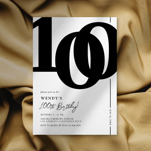 Elegante zwart-wit uitnodiging voor 100ste verjaar