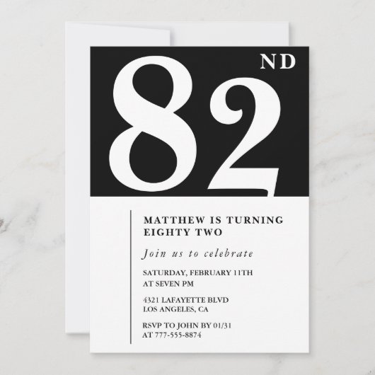 Elegante zwart-wit uitnodiging voor 82ste verjaard (Voorkant)