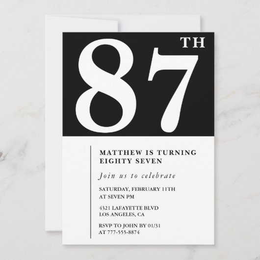Elegante zwart-wit uitnodiging voor 87ste verjaard (Voorkant)