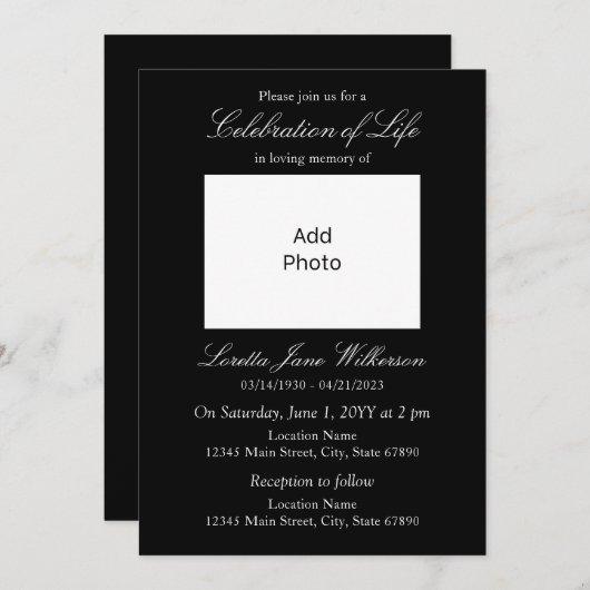 Elegante zwart-wit viering van het leven Foto Kaart (Voorkant / Achterkant)