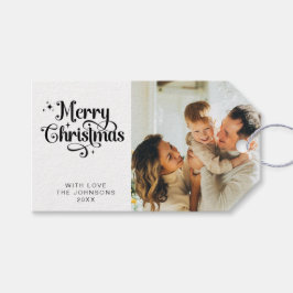 Elegante zwart-wit vrolijke kerstfoto cadeaulabel