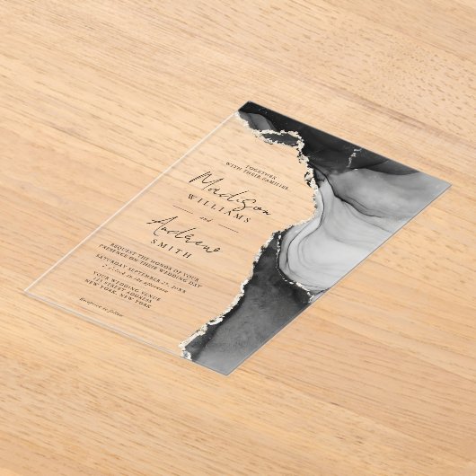 Elegante zwart-wit Waterverf marmeren bruiloft Acryl Uitnodigingen (Laagn)