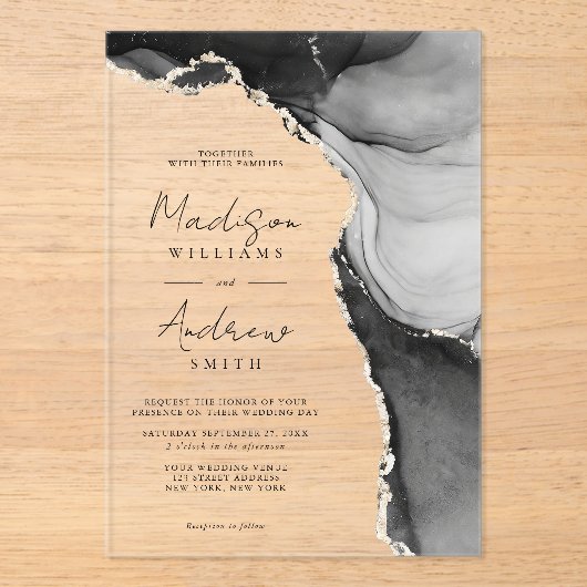 Elegante zwart-wit Waterverf marmeren bruiloft Acryl Uitnodigingen (Voorkant)