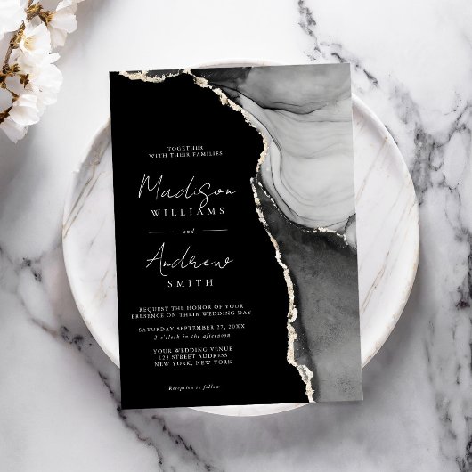 Elegante zwart-wit Waterverf marmeren bruiloft Kaart