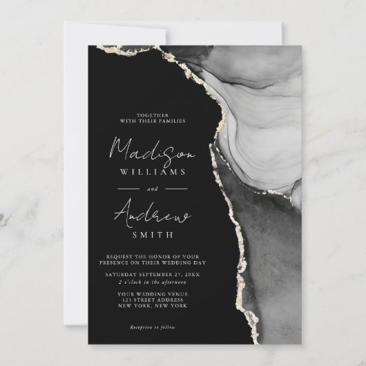 Elegante zwart-wit Waterverf marmeren bruiloft Kaart (Voorkant)