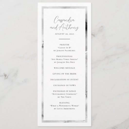 Elegante zwart-wit Waterverf marmeren bruiloft Programmakaart (Voorkant)