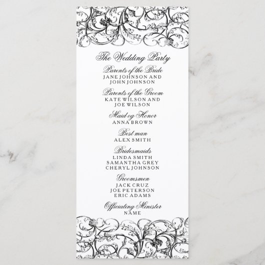 Elegante zwart-wit wervelingen bruiloft programma programmakaart (Achterkant)