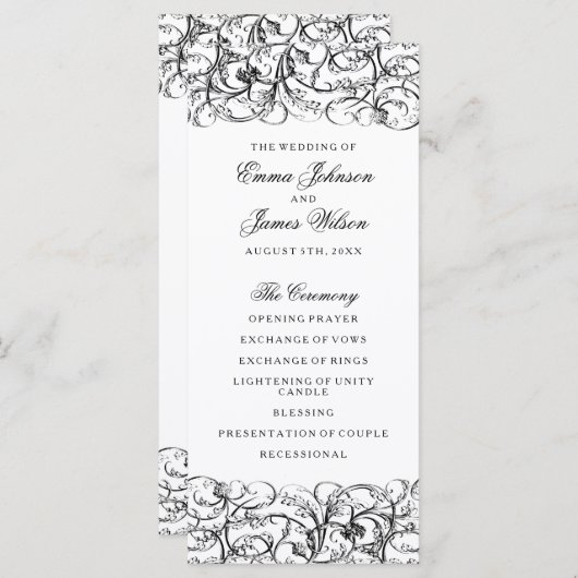 Elegante zwart-wit wervelingen bruiloft programma programmakaart (Voorkant / Achterkant)