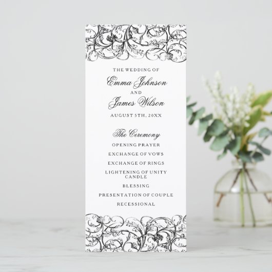 Elegante zwart-wit wervelingen bruiloft programma programmakaart (Staand voorkant)