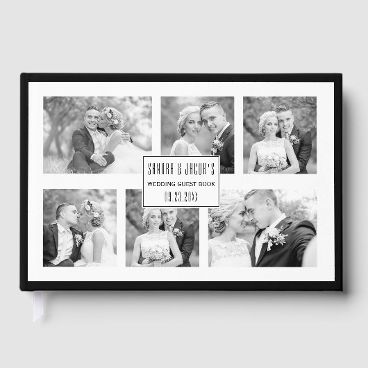 Elegante zwart-wit zes foto collage bruiloft gastenboek (Voorkant)