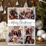 Elegante Zwart Witte 5 Foto Collage Kerstmis Feestdagenkaart<br><div class="desc">Eenvoudige Moderne Elegante Calligrafie Zwart Wit 5 Foto Collage Zalig Kerstfeest Script Vakantiekaart. Deze vrolijke, speelse, minimalistische kerstgroetkaart sjabloon met vijf (5) foto's heeft een mooie rasterfoto-collage en zegt „Zalig Kerstfeest”! De „Zalig Kerstfeest” groettekst is geschreven in een mooie met de hand geschreven zwartlettertype met krullen op een zwarte achtergrond....</div>