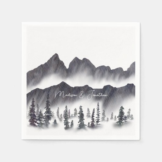 Elegante zwart-witte bergen rustieke bos servet (Voorkant)