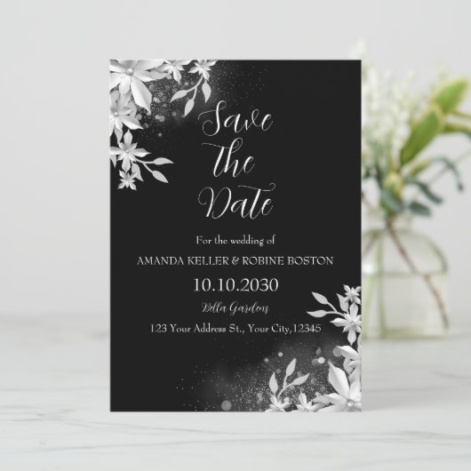 Elegante zwart-witte bloem Save the Date Kaart (Staand voorkant)