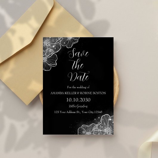Elegante zwart-witte bloem Save the Date Kaart