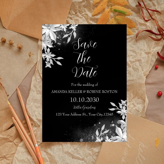 Elegante zwart-witte bloem Save the Date Kaart