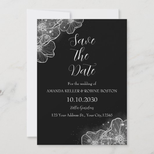 Elegante zwart-witte bloem Save the Date Kaart (Voorkant)