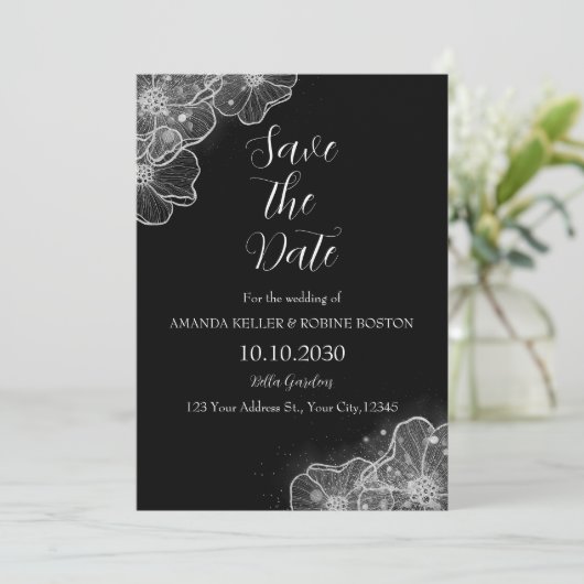 Elegante zwart-witte bloem Save the Date Kaart (Staand voorkant)