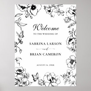 Elegante Zwart Witte Bloem Tuin Bruiloft Welkom Poster