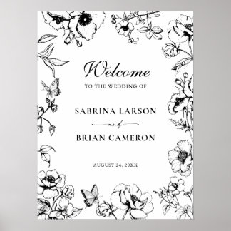 Elegante Zwart Witte Bloem Tuin Bruiloft Welkom Poster