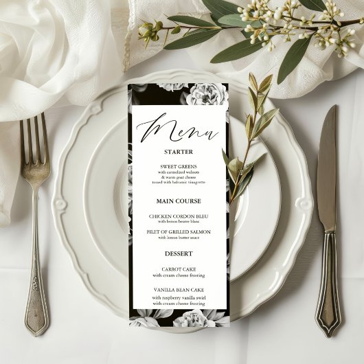 Elegante zwart-witte bloemen aangepaste bruiloft d menu