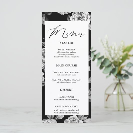 Elegante zwart-witte bloemen aangepaste bruiloft d menu (Staand voorkant)
