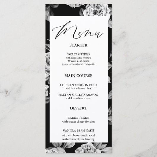 Elegante zwart-witte bloemen aangepaste bruiloft d menu (Voorkant)