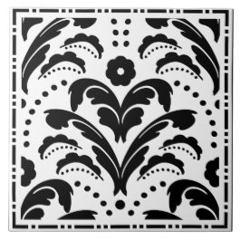 Elegante zwart-witte bloemen Art Deco Damask Tegeltje