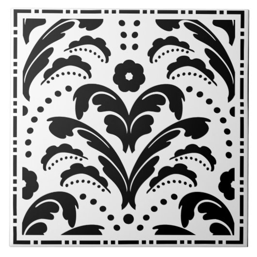 Elegante zwart-witte bloemen Art Deco Damask Tegeltje (Voorkant)