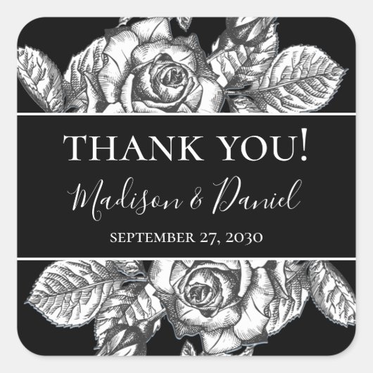 Elegante  Zwart Witte Bloemen Bruiloft Dankjewel Vierkante Sticker (Voorkant)