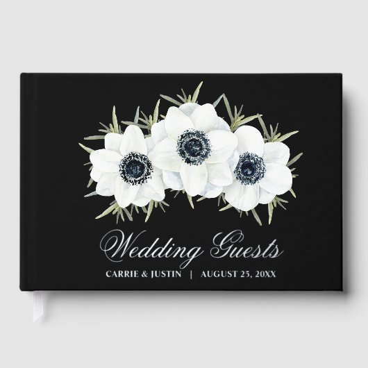 Elegante zwart-witte bloemen bruiloft gastenboek (Voorkant)